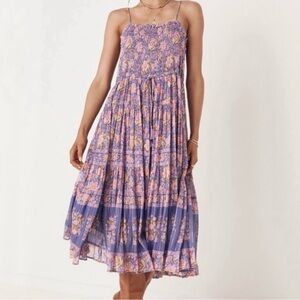 Spell Juniper Shirred Strappy Dress in Violet | Purple Pink Floral Midi Dress